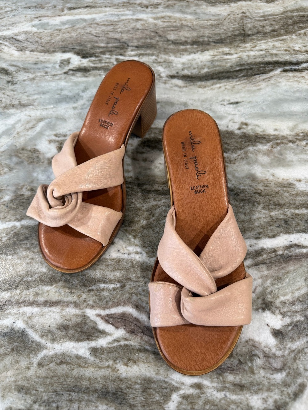 Mila Paoli Blush Knot Leather Slide Heels